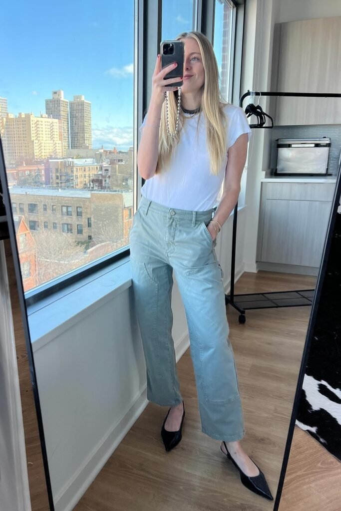White T-Shirt + Sage Green Utility Pants + Black Pointed Slingbacks