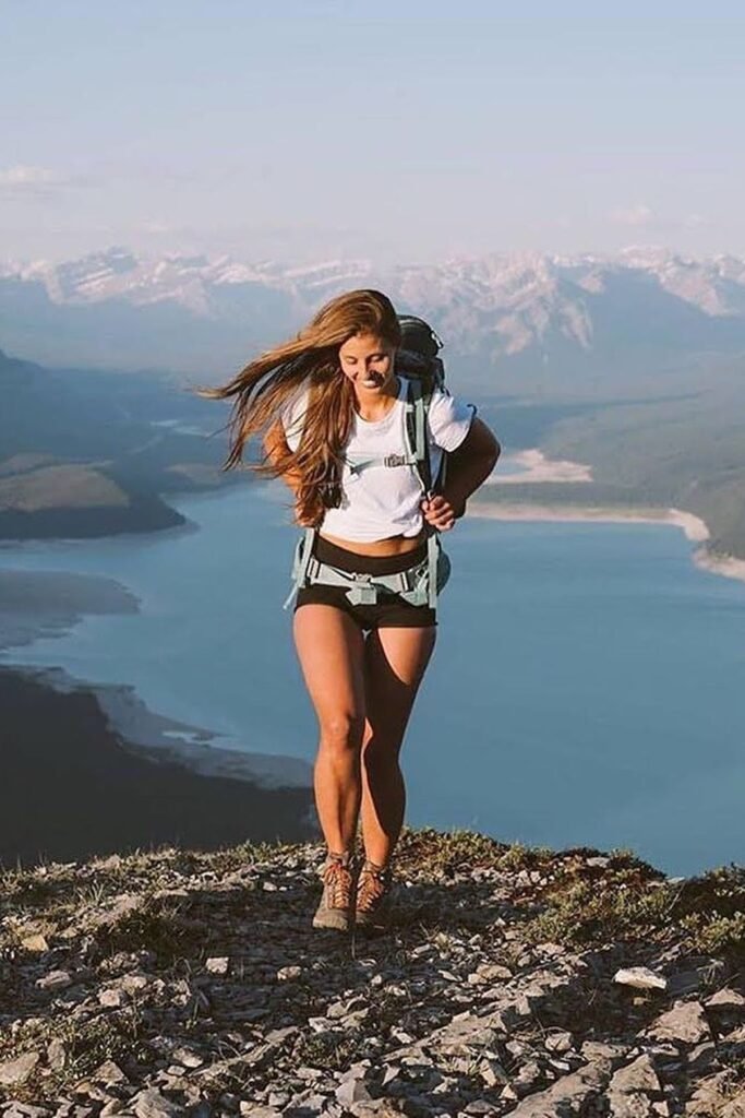 White T-shirt + Black Shorts + Brown Hiking Boots
