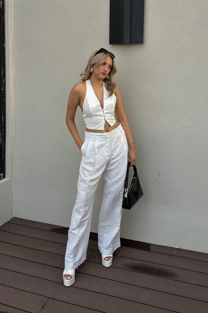 White Tailored Halter Vest + White Wide-Leg Trousers + White Chunky Platform Sandals
