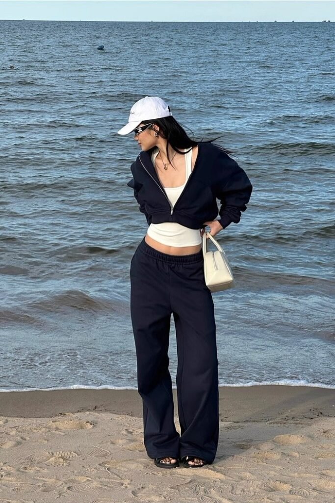 White Tank Top + Navy Blue Cropped Zip-Up Hoodie + Navy Blue Wide-Leg Sweatpants + Black Slide Sandals