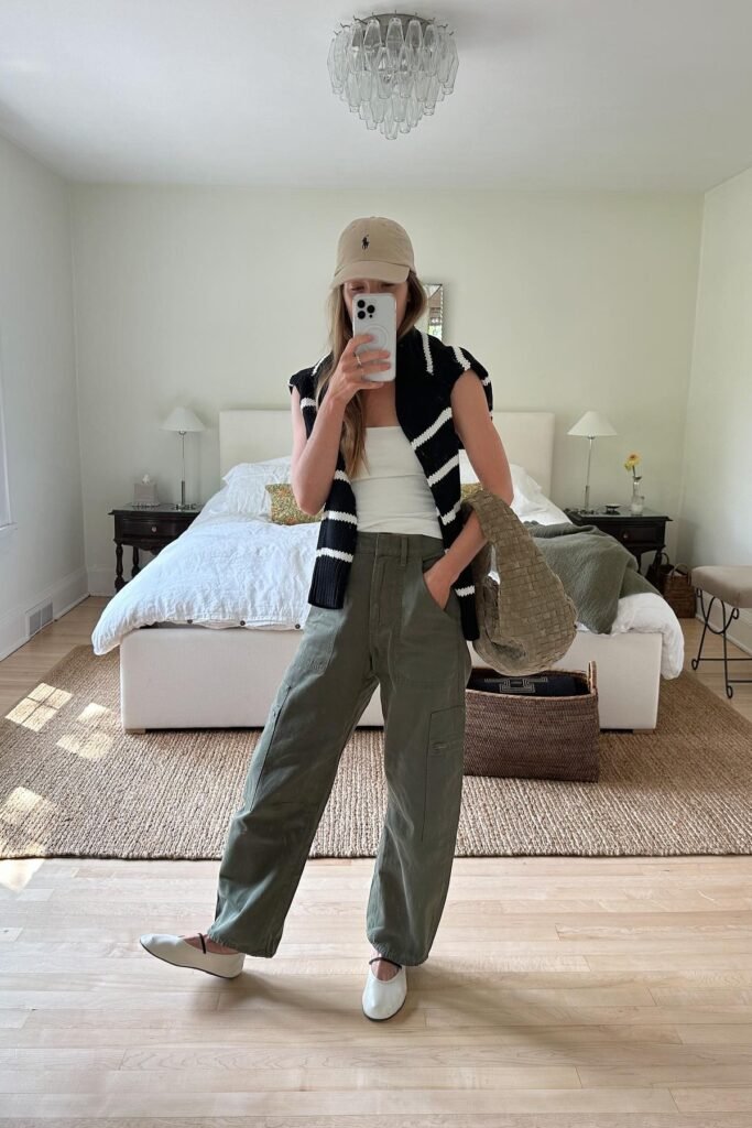 White Tank Top + Striped Knit Vest + Olive Green Cargo Pants + White Ballet Flats