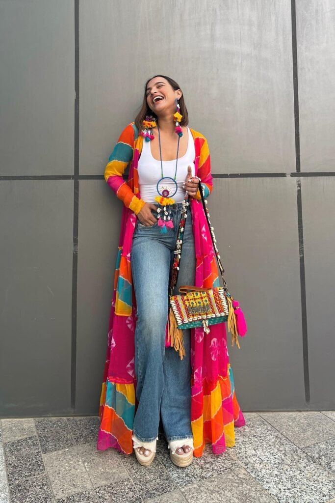 White Tank Top + Wide Leg Blue Jeans + Multi-Colored Tie-Dye Long Kimono + Platform Sandals