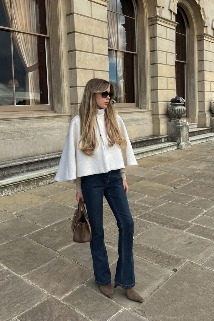 White Textured Capelet + Dark Wash Flared Jeans + Taupe Suede Pointed Boots
