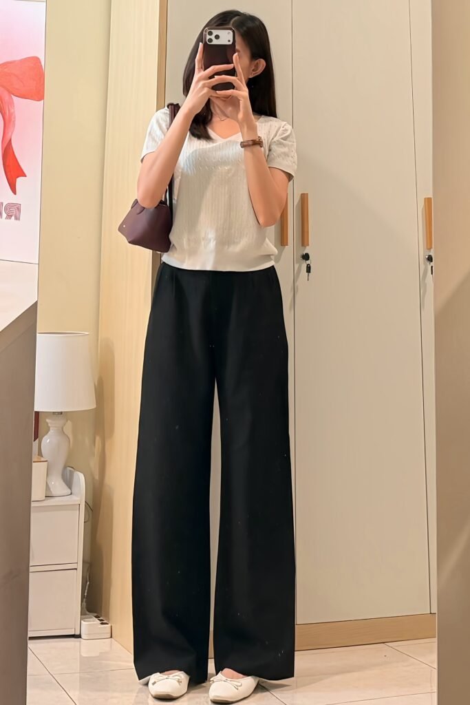 White Textured V-Neck Top + Black Wide-Leg Trousers + White Ballet Flats