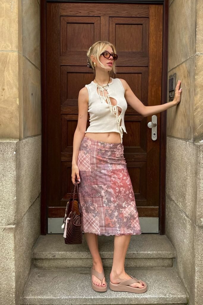 White Tie-Front Ribbed Tank + Pink Paisley Patchwork Midi Skirt + Taupe Platform Thong Sandals