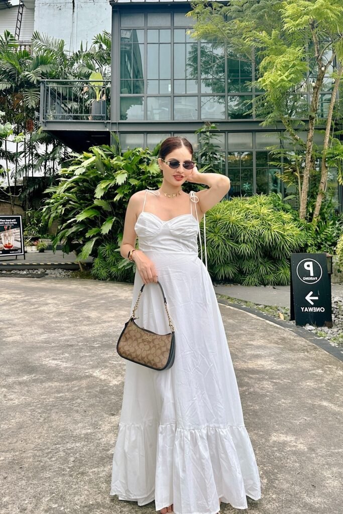 White Tie-Strap Ruffle Hem Maxi Dress + Brown Monogram Handbag