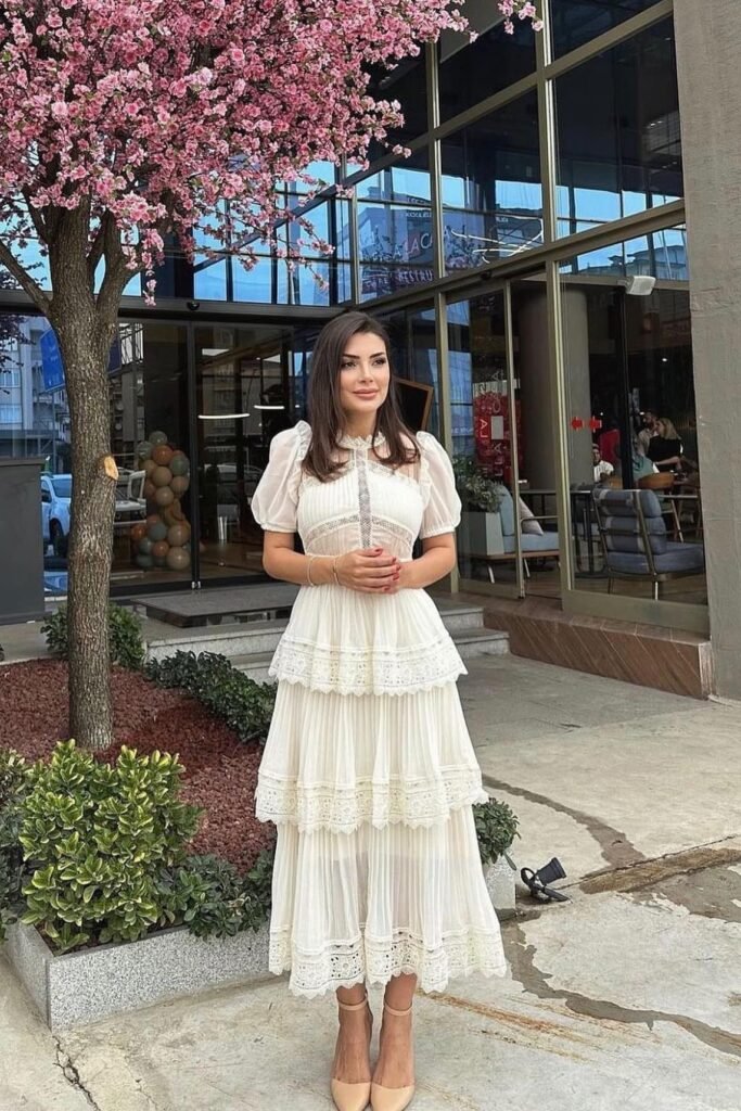 White Tiered Lace Midi Dress + Puff Sleeves + Nude Pointed-Toe Heels