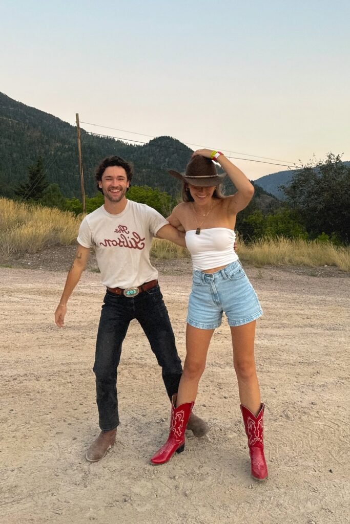 White Tube Top + Light Wash Denim Shorts + Red Embroidered Cowboy Boots + Brown Cowboy Hat