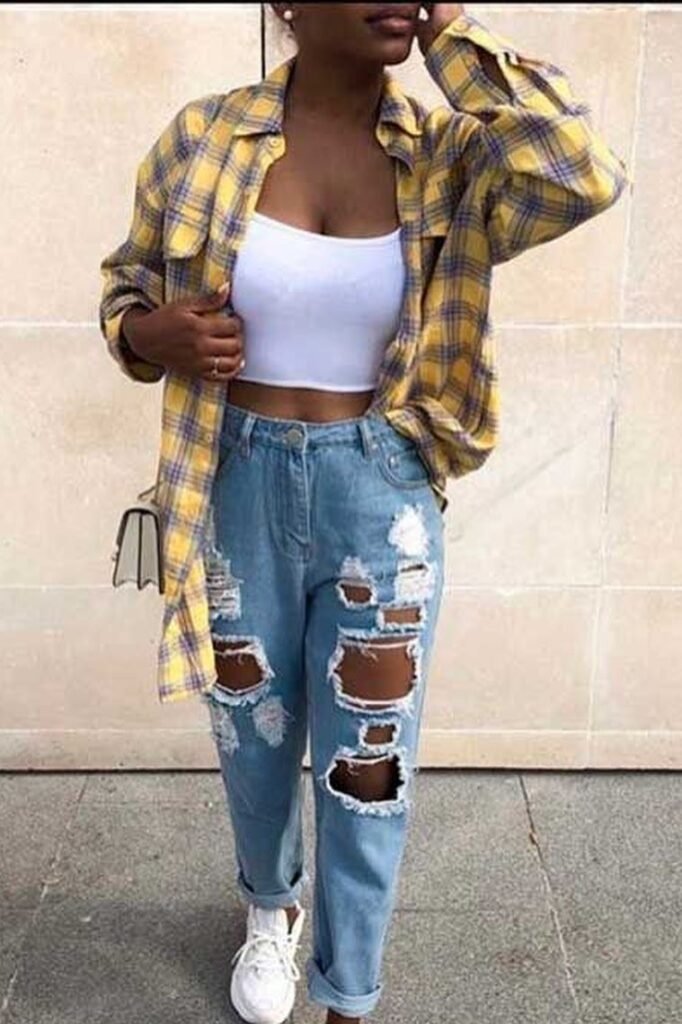 White Tube Top + Yellow Plaid Shirt + Heavily Distressed Jeans + White Sneakers