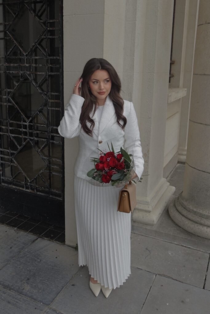 White Tweed Blazer + White Pleated Maxi Skirt + Cream Pointed Toe Heels