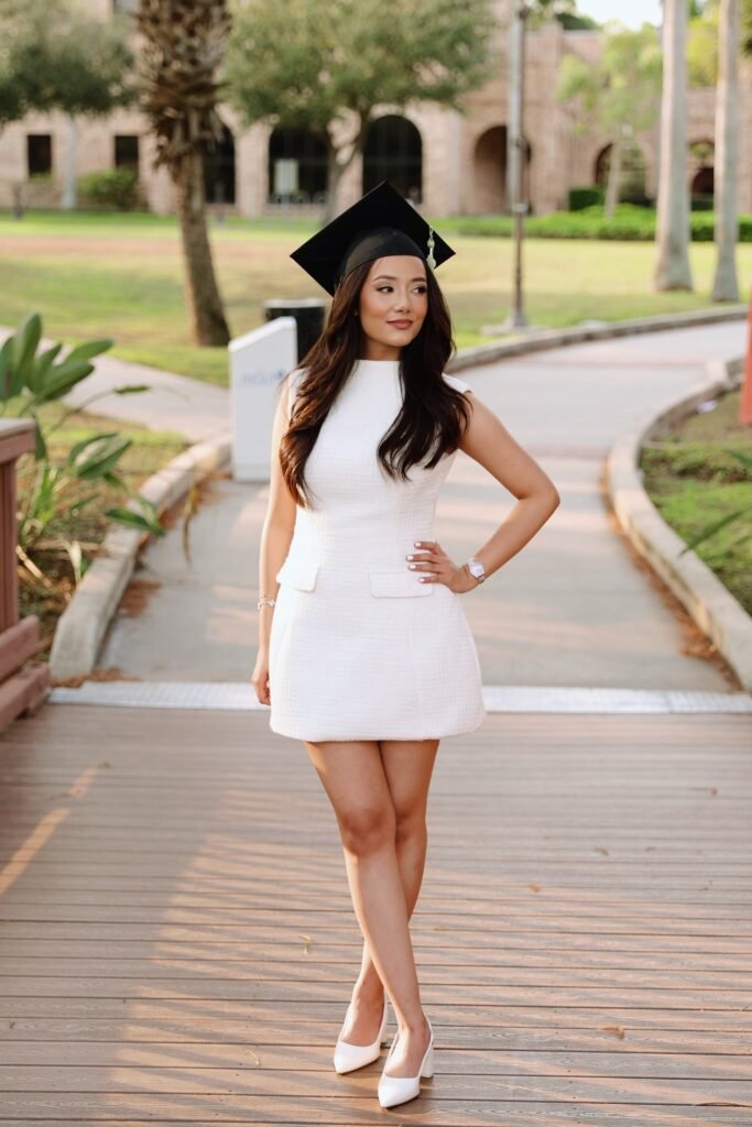 White Tweed Mini Dress + White Pointed-Toe Heels + Graduation Cap