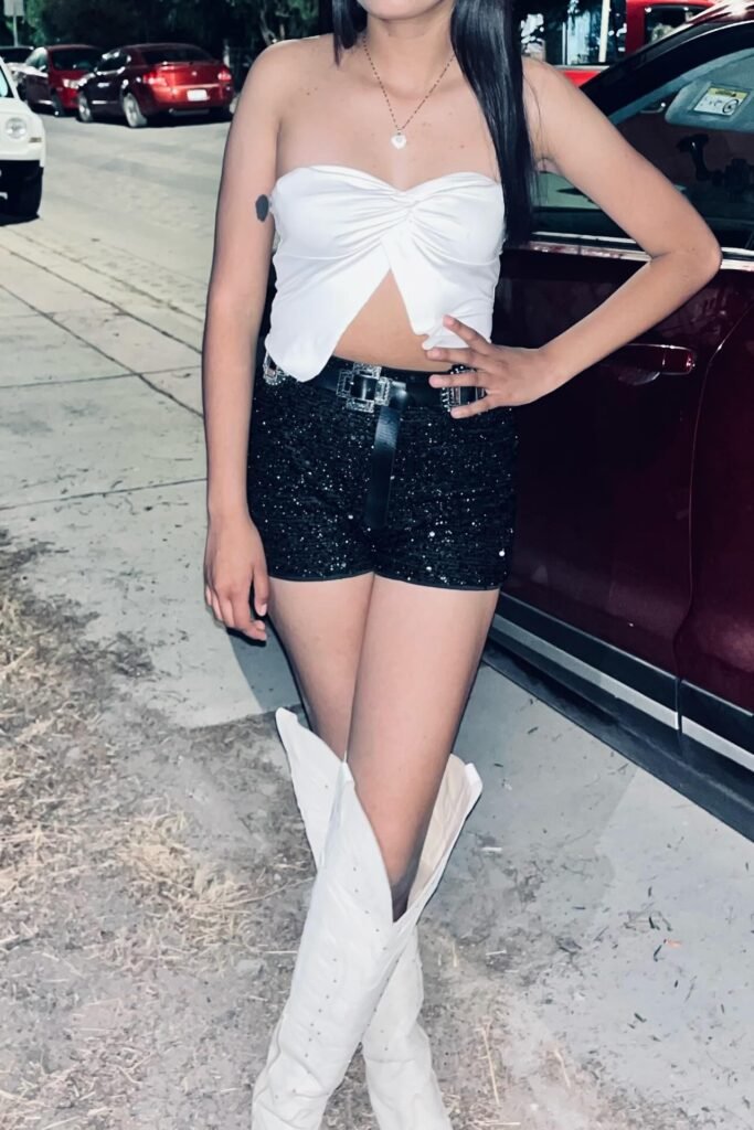 White Twisted Strapless Top + Black Sequined Shorts + Tall White Pointed Boots