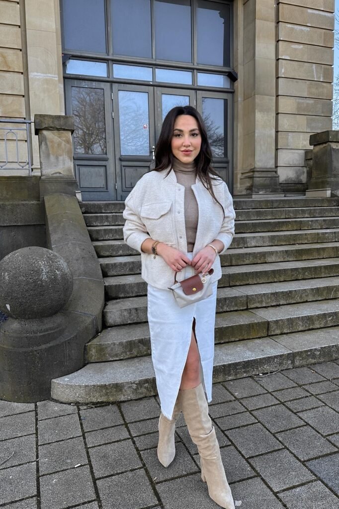 White Utility Jacket + White Denim Split Skirt + Beige Suede Boots