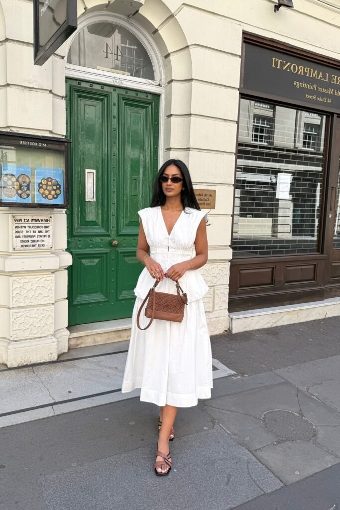 White V-neck Peplum Top + White Pleated Midi Skirt + Brown Strappy Sandals