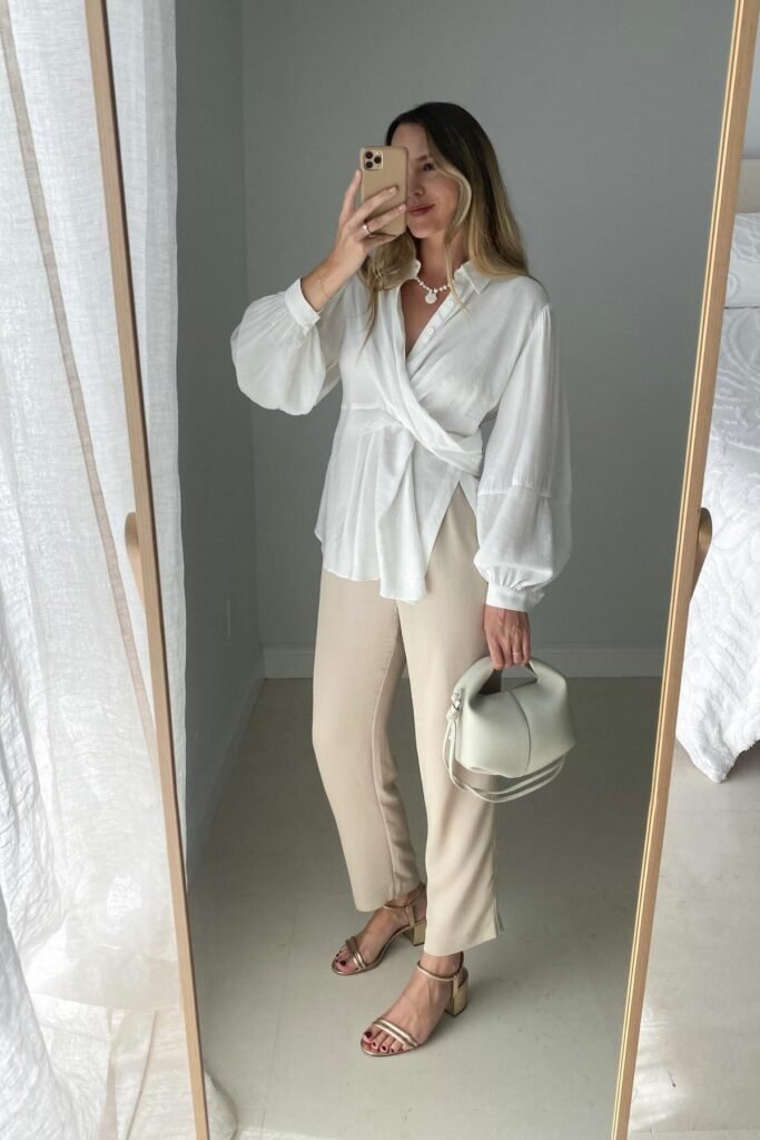White Wrap-Front Blouse + Beige Tailored Trousers + Gold Block Heel Sandals