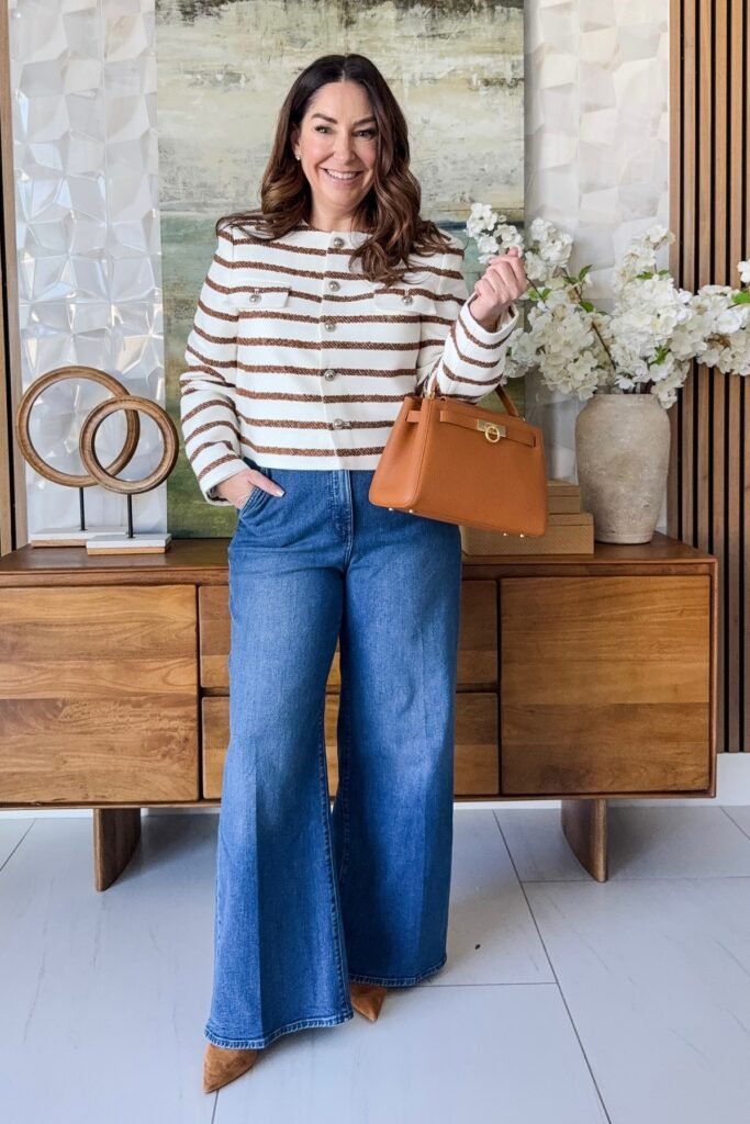 White and Brown Striped Tweed Jacket + Ultra Wide-Leg Jeans + Cognac Suede Boots