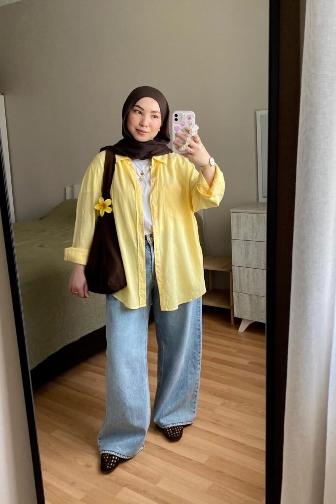 Yellow Button-Down Shirt + White T-Shirt + Light Wash Wide-Leg Jeans + Brown Mesh Flats