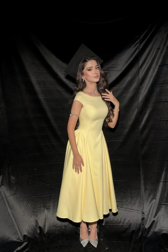 Yellow Cap-Sleeve A-Line Dress + Silver Arm Cuff + Silver Pointed-Toe Heels