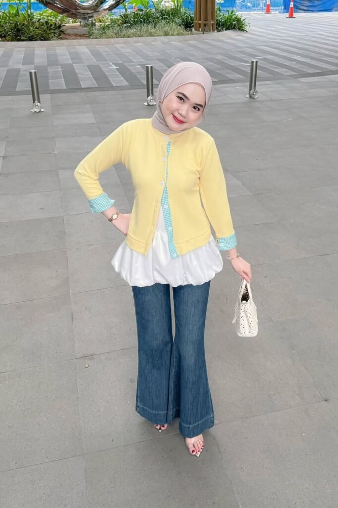 Yellow Cardigan + White Bubble-Hem Blouse + Flare Jeans + Beige Hijab + Clear Heels