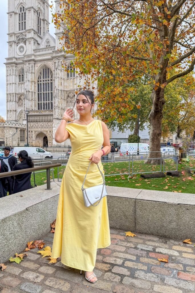 Yellow Cowl-Neck Maxi Dress + Silver Handbag + Silver Embellished Heels
