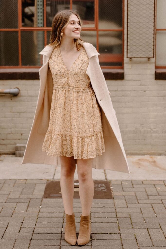  Yellow Floral Mini Dress + Cream Long Coat + Tan Suede Ankle Boots