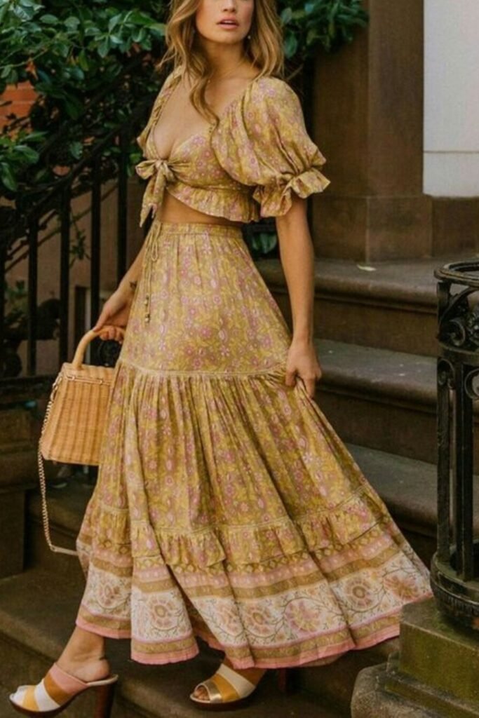 Yellow Floral Puff Sleeve Crop Top + Matching Tiered Maxi Skirt + Striped Platform Mules