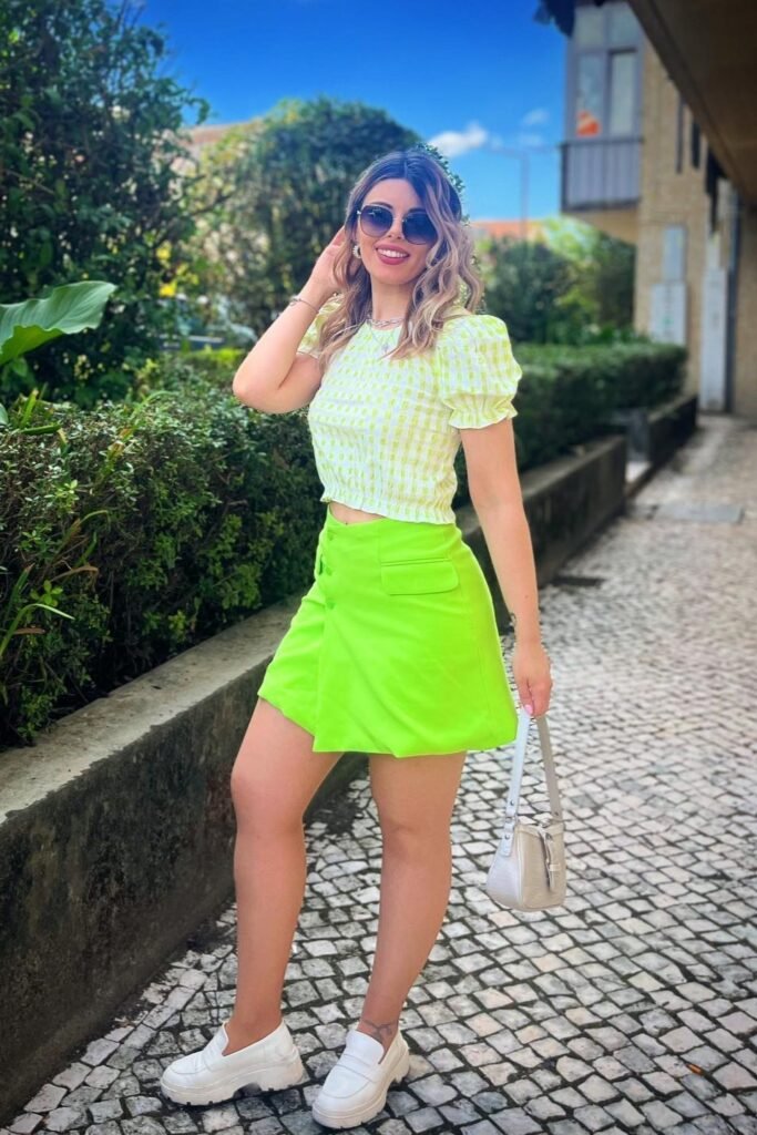 Yellow Gingham Puff-Sleeve Crop Top + Neon Lime Mini Skirt + White Chunky Loafers