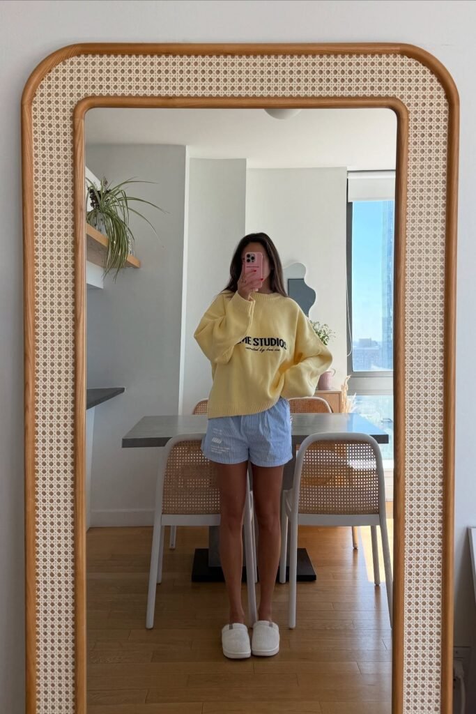 Yellow Graphic Oversized Sweater + Blue Striped Lounge Shorts + White Plush Slippers