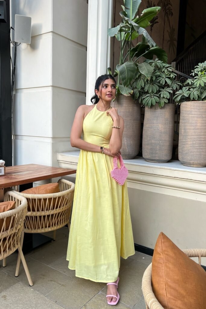 Yellow Halter Neck A-Line Dress + Pink Strappy Sandals