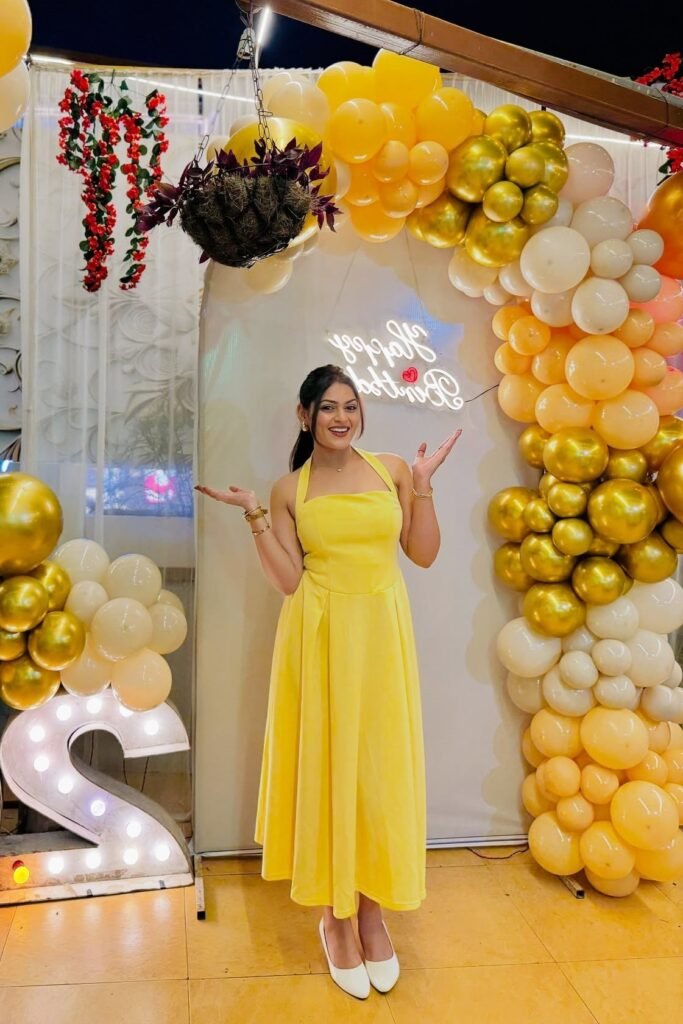 Yellow Halter-Neck A-Line Midi Dress + Gold Bangles + White Pointed-Toe Flats