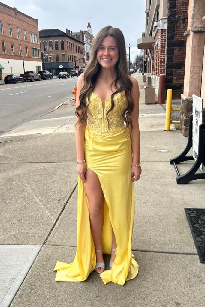 Yellow Lace-Up Corset Gown with High Slit + Silver Sparkly Heeled Sandals