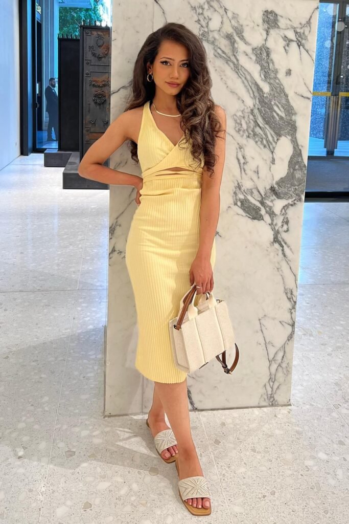 Yellow Ribbed Cut-Out Midi Dress + Canvas Mini Tote Bag + Embellished Slide Sandals