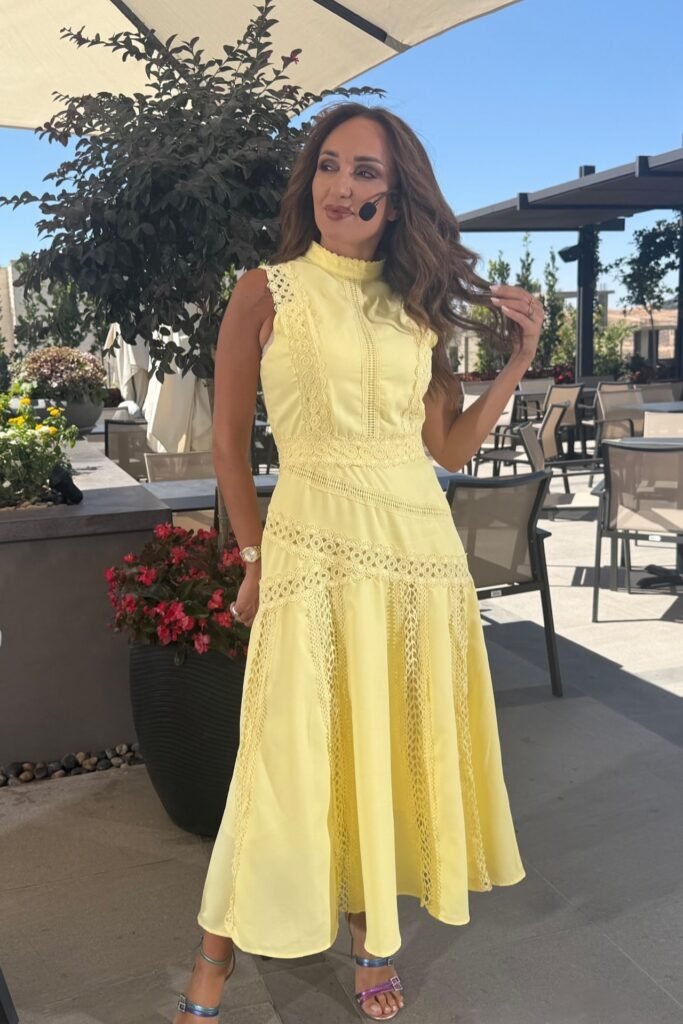 Yellow Sleeveless Eyelet Midi Dress + Iridescent Strappy Heels + Gold Watch
