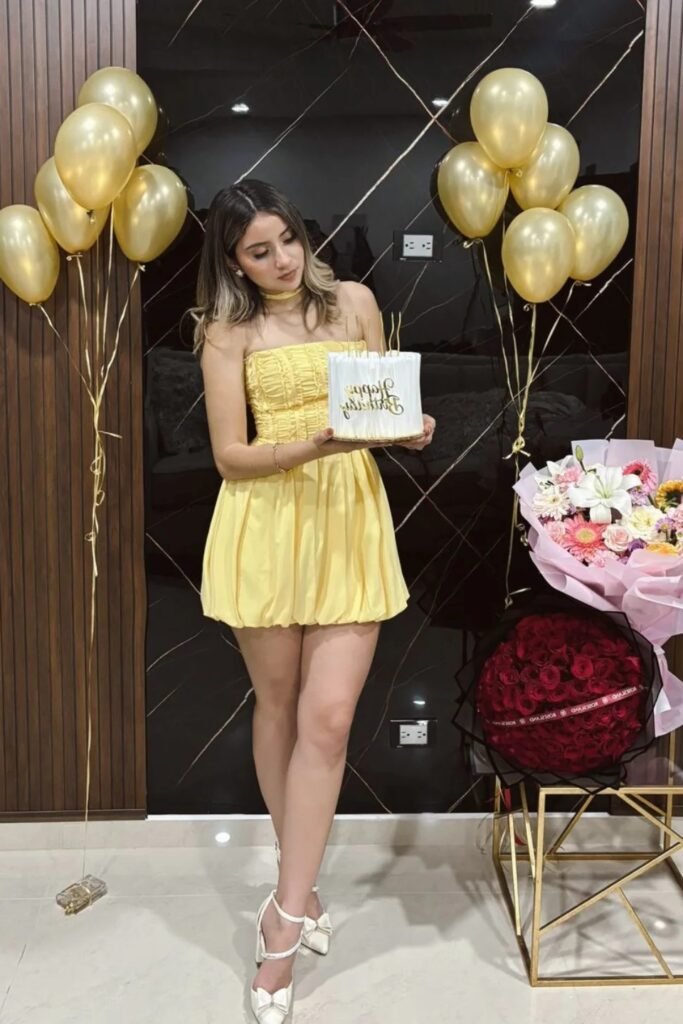 Yellow Strapless Ruched Mini Dress + Gold Balloons + White Bow-Detail Pointed-Toe Heels