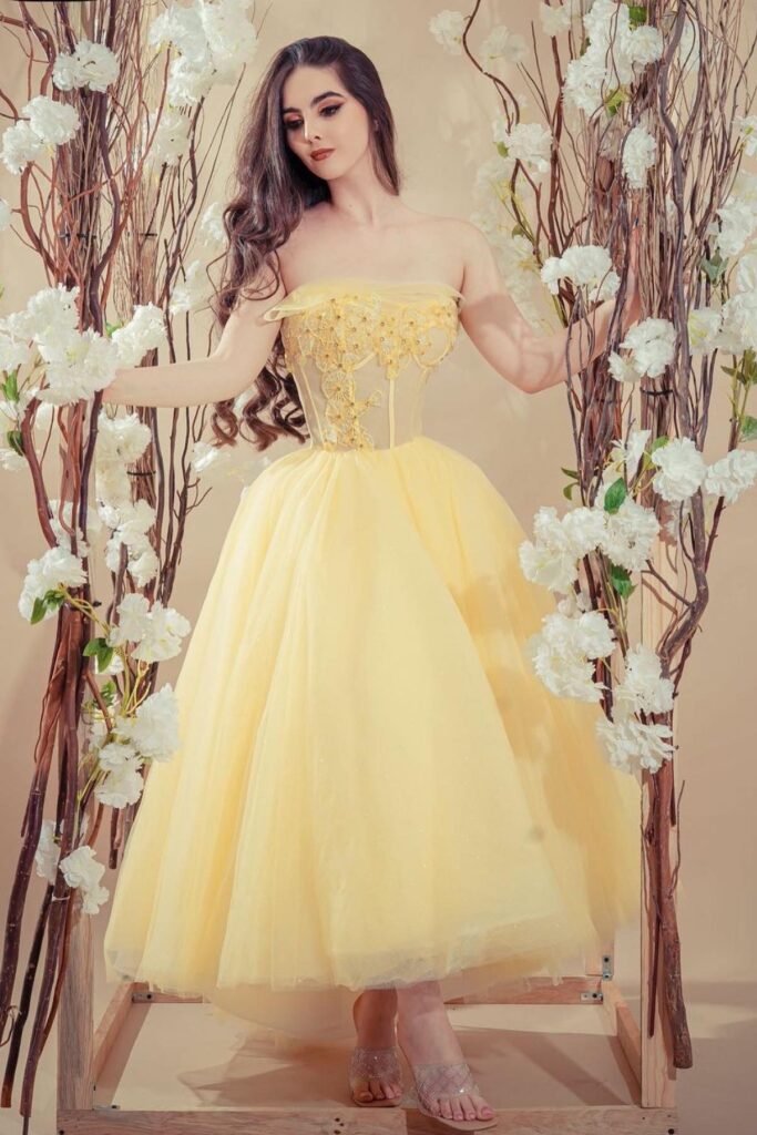 Yellow Strapless Tulle Ballgown with Floral Appliqué + Shimmery Slide Sandals