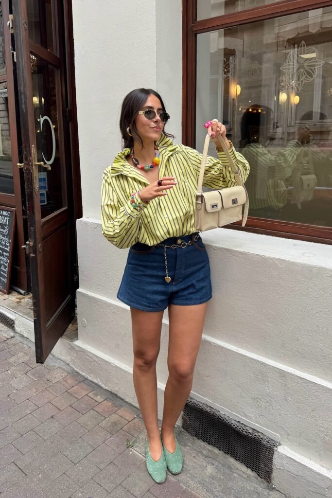 Yellow Striped Oversized Shirt + Dark Denim Shorts + Green Embellished Flats