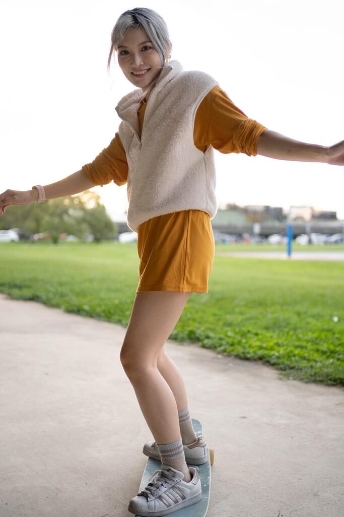 Yellow T-shirt and Shorts Set + White Fleece Vest + Grey Sneakers
