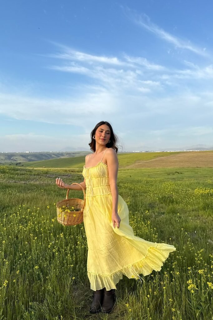 Yellow Tiered Cami Dress + Wicker Basket + Dark Brown Ankle Boots