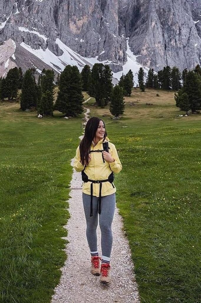 Yellow Windbreaker + Grey Leggings + Tan Hiking Boots