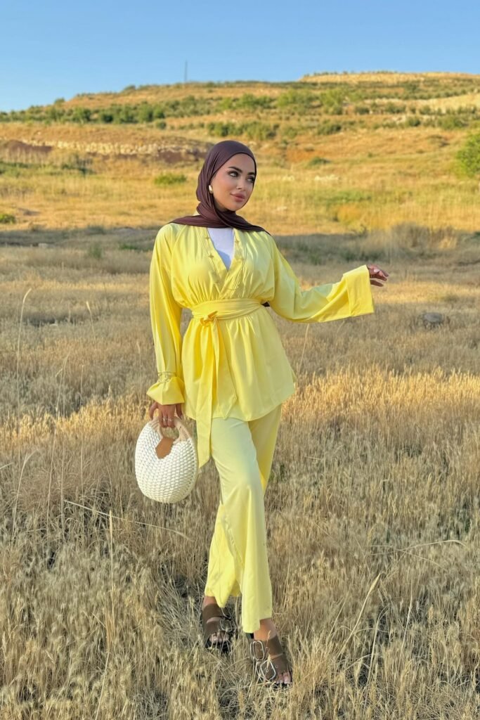 Yellow Wrap-Style Co-ord Set + Dark Brown Hijab + Woven Handbag