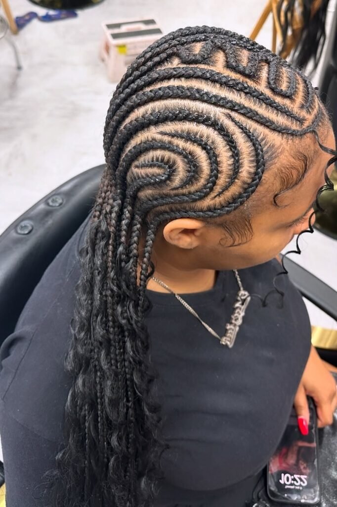 Abstract Swirl Stitch Braids with Curly Bohemian Ends