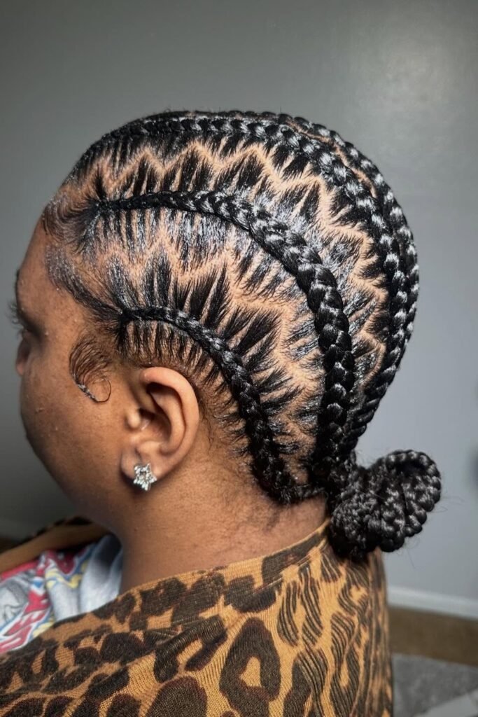 Abstract Zig-Zag Stitch Braids Secured in a Neat Low Knot