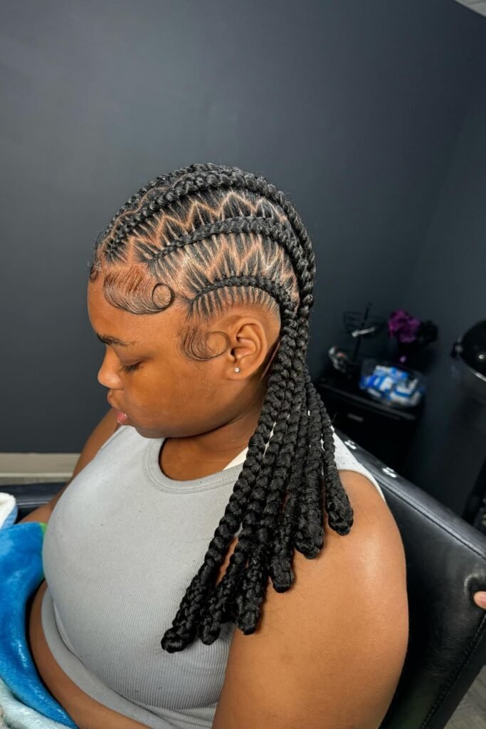 Angled Stitch Cornrows with Thick Curved Feed-In Braids