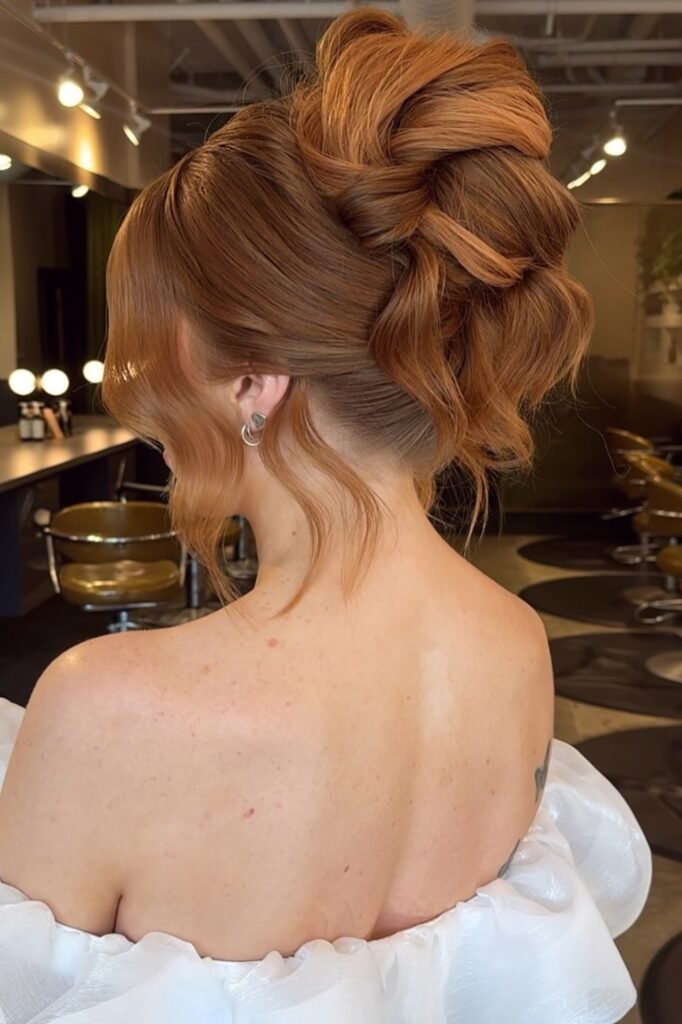 Architectural High Bun Updo on Copper Red Hair