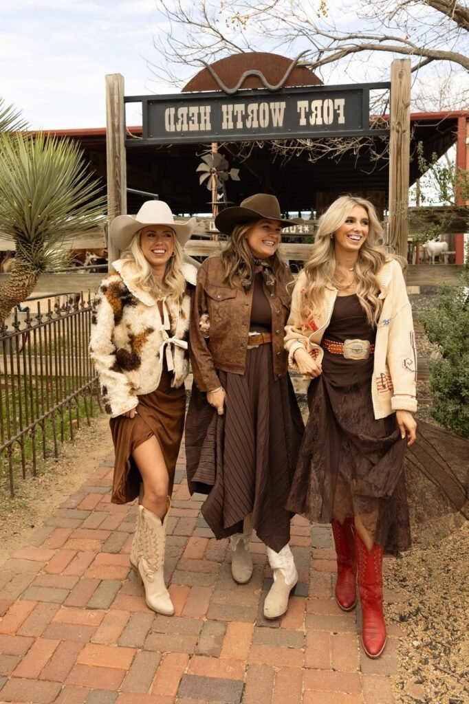 Assorted Cowboy Hats + Earth-Tone Jackets and Dresses + Red and Cream Western Boots