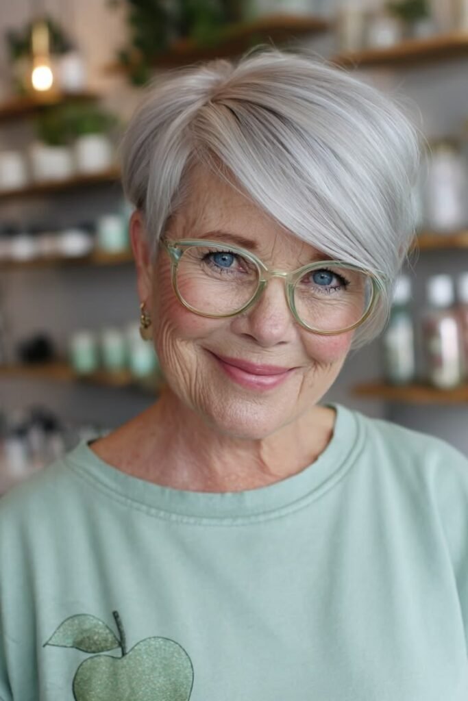 Asymmetrical Silver Pixie with Long Side-Swept Bangs