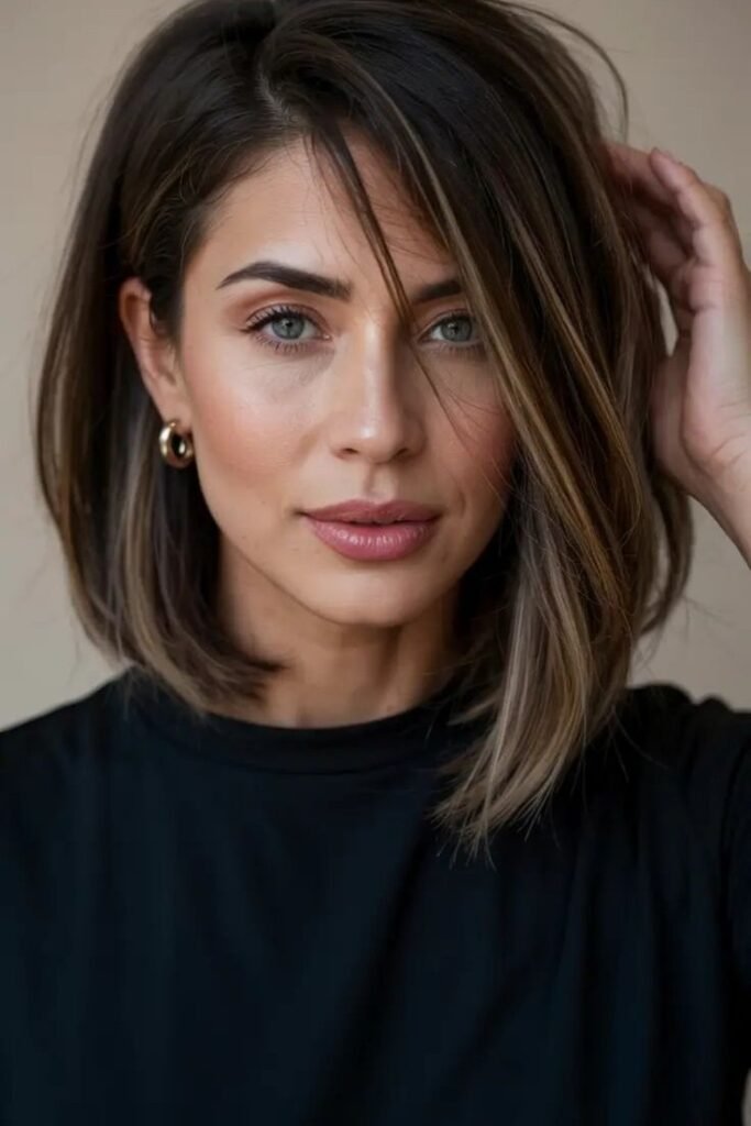 Asymmetrical Textured Bob with Dimensional Brunette Lowlights
