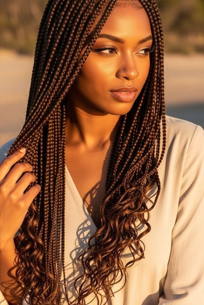 Auburn Micro Braids with Loose Wavy Ends