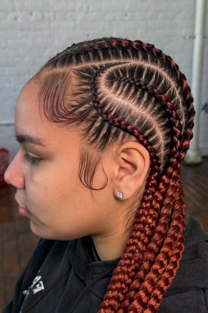 Auburn Ombre S-Curve Braids with Laid Edges