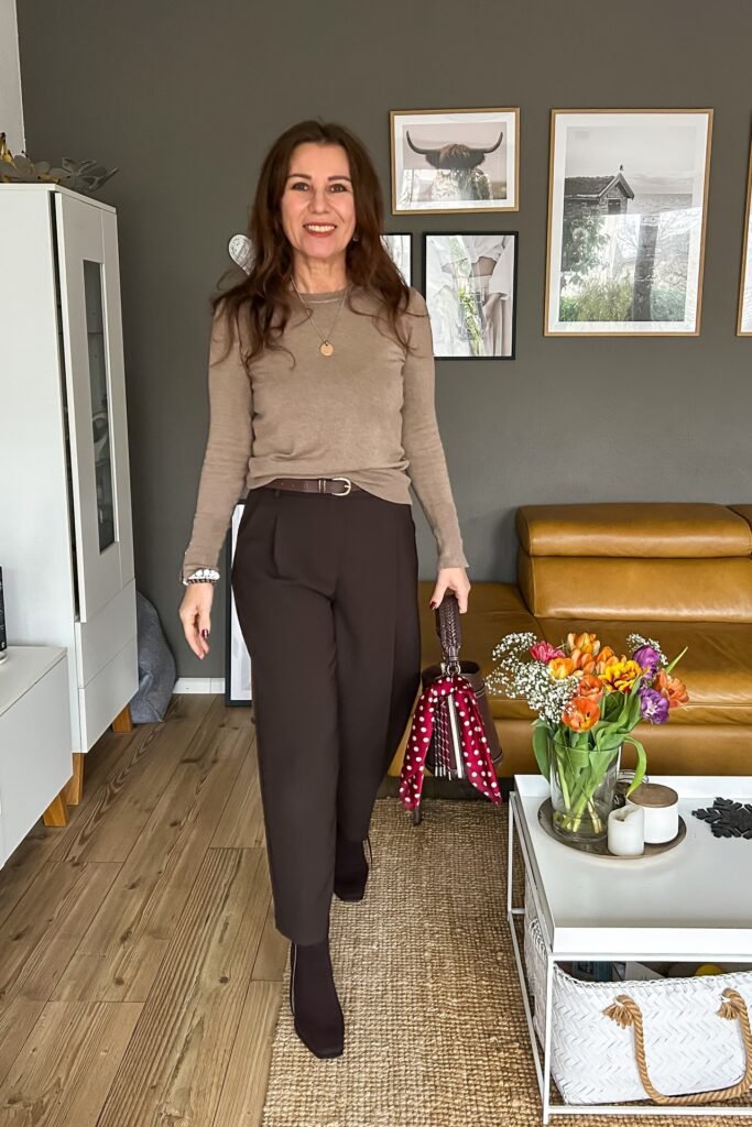 Beige Crewneck Sweater + Dark Brown Pleated Trousers + Brown Leather Belt + Brown Square-Toe Boots